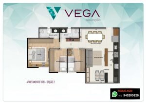 Planta 65m² - 3 dorms - sala integrada a Varanda - Vega Assunção