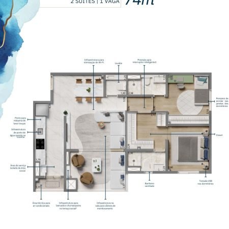 Planta 74m - 2 suítes - Grand Resort Jardim Living