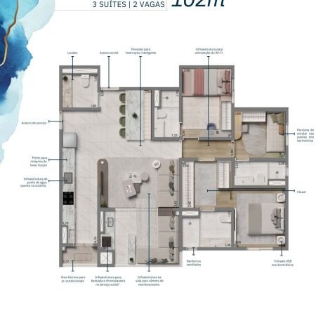 Planta 102m - 3 suítes - Grand Resort Jardim Living
