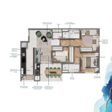 Planta 74m - 3 dorms (1 suite) - Grand Resort Jardim Living