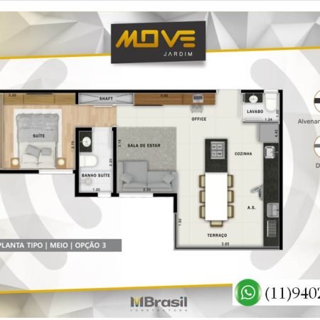 Planta 44,53m² com sala ampliada e ilha- Move Jardim